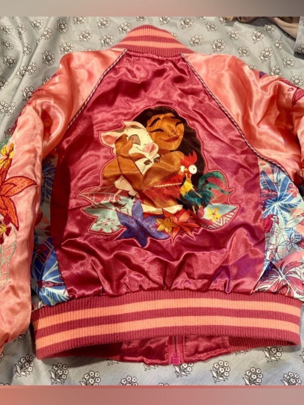 Disney Moana Girls 2T Floral Satin Bomber Jacket – Colorful Embroidered